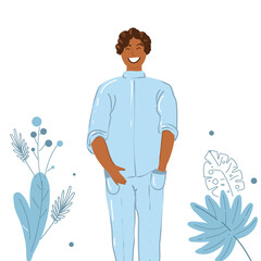 Vector illustration of a dark skin doctor. A male doctor happy. A Afro American or arab guy doctor in a medical robe isolated from white background