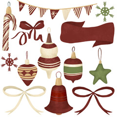 Collection of vintage hand drawn Christmas decor elements: garlands, ribbons, snowflakes, Christmas tree toys, festive New Year decor. Vintage set isolated on white background