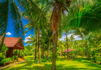 Fototapeta premium Bungalow in hotel at tropical beach - vacation background