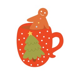 Cute winter cozy hot drink. Cup hot chocolate, cocoa with gingerbread man for christmas and new year card, typography poster, label, brochure, flyer, banner. Vector illustration in cartoon style.