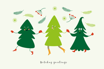 Christmas card. Cute cartoon Christmas trees	
