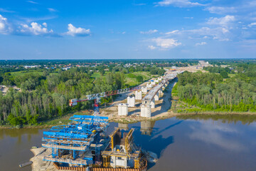 Aerial view of highway bridge under construction. Poland Warsaw,