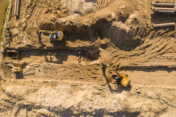 Aerial view on the new road construction site. Warsaw Wilanow