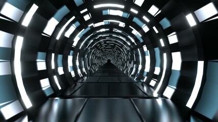 Naklejka premium 3d render. Abstract futuristic geometric background with lines, glow. Glowing triangular frame long tunnel, ultraviolet neon light. Abstract interior sci-fi spaceship corridors, virtual reality space