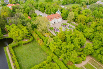 The Palace in Nieborow. Springtime. Green Trees. Aerial view
