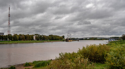 Novgorod. View of the pedestrian bridge over the Volkhov river