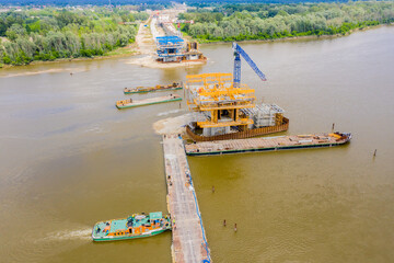 Aerial view of highway bridge under construction. Poland Warsaw.