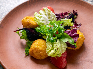Top view of salad with caramelized beets, grilled goat cheese, peeled grapefruit and lettuce leaves.