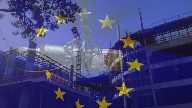 Animation of flag of european union over microphone and high rise construction site in modern city