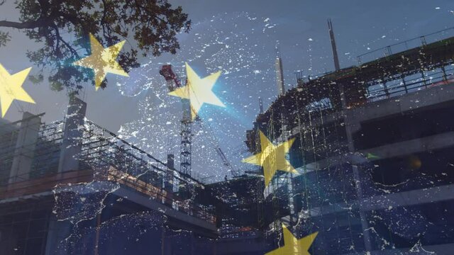 Animation of flag of european union over construction site in city and network of connections