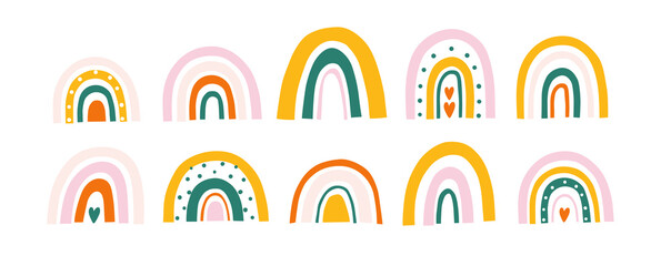 Cute colorful rainbows set. Large modern collection of scandinavian rainbows. Hand drawn vector illustrations.