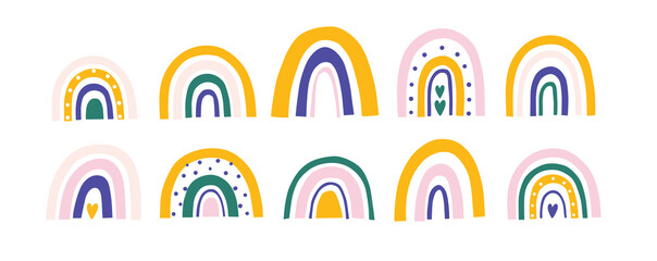 Cute colorful rainbows set. Large modern collection of scandinavian rainbows. Hand drawn vector illustrations.