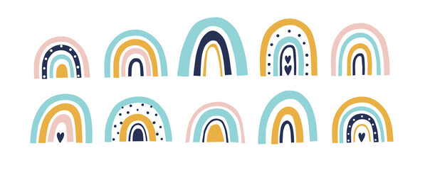 Cute colorful rainbows set. Large modern collection of scandinavian rainbows. Hand drawn vector illustrations.