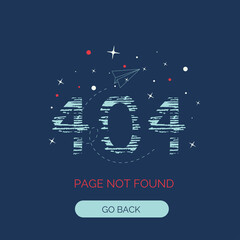 404 error page not found. Concept for website with texture numbers, paper plane and star. Flat vector illustration on blue background