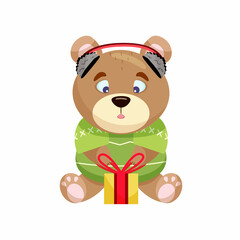 christmas bear in green sweater and fur headgear
 with a yellow present
