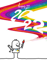 Cartoon Artist Painting a Colorful Wave with 2022 white Sign - Happy New Year !