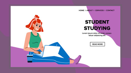 Girl University Student Studying On Laptop Vector. Teenager Student Studying Online On Computer And Drinking Energy Drink. Character Teen Remote Education Web Flat Cartoon Illustration