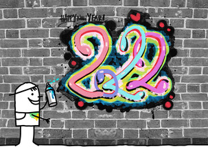 Cartoon Painter Boy and Fresh 2022 Graffiti on a Wall