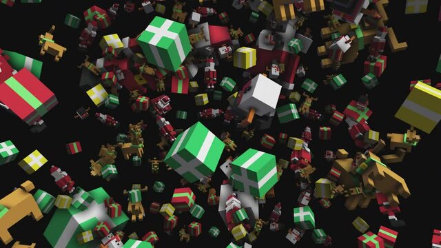 Seamless animation of geometric santa and presents pieces. Christmas funny background.