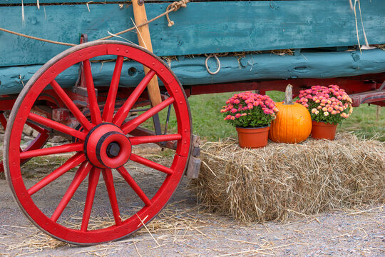 Close up of a blue wagon with red wheels and a hay bale with potted chrysanthemums and a pumpkin.
