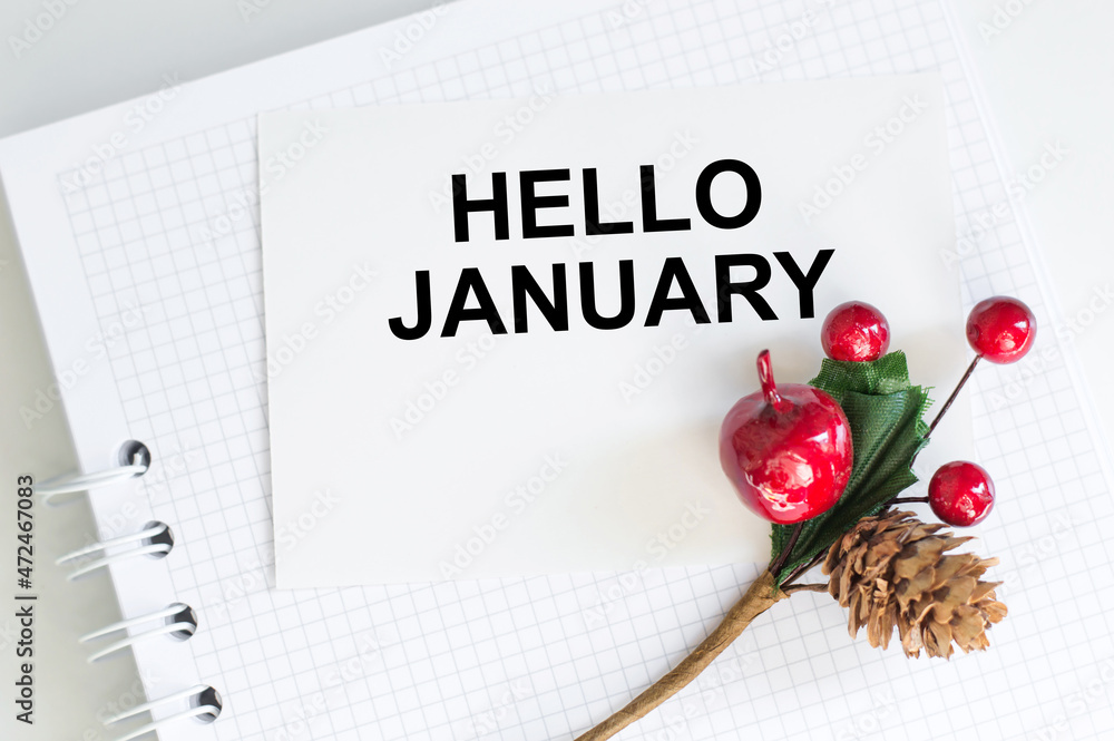 Poster hello january text on a white card that lies on a notebook next to a decorative branch