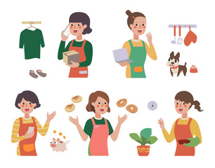 Happy asia housewife smiling at home. Housewife holding box and calling on phone, using a laptop with dog, saving money, making bread and cooking.