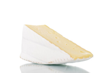One fragrant piece of brie cheese , close-up, isolated on white.