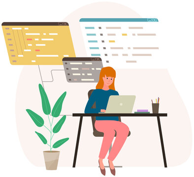 Woman working with laptop at workplace. Remote work, online freelancing. Female character analysing block diagram with data using technology. Company employee with computer at work in office