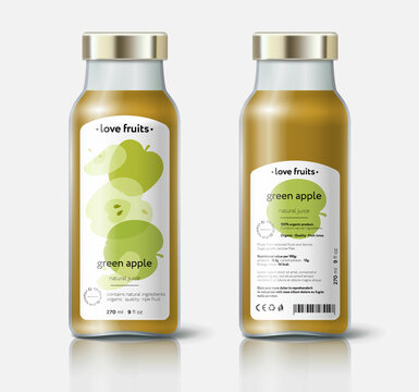 Apple juice packaging. Beautiful transparency whole and cut fruits. Bottle template with face and back labels. 