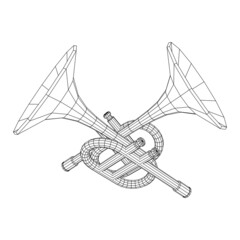 Trumpet pipe fife musiacal instrument. Wireframe low poly mesh vector illustration.