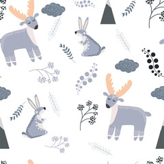 seamless pattern with forest animals and plants vector illustration. Hand drawn wild hare and deer