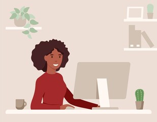 African busineswoman is working remotely and using the computer. Concept of freelance and remote occupation. Vector flat illustration.