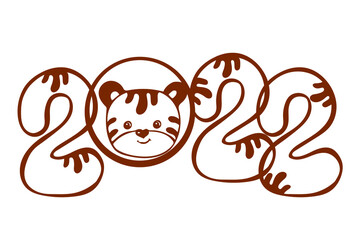 tiger and numbers 2022 on white background brown vector line art hand drawn, animal isolated for use in design, greeting card, logo, doodle illustrations
