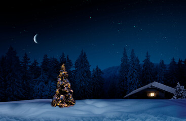 Leuchtender Weihnachtsbaum mit einer Belueuchtetend Hütte in einer Winternacht mit Schnee