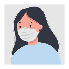 Cartoon portrait of a girl in a medical mask. Vector illustration in flat style isolated on white background. Illustrated in a trendy minimalist style. Virus protection