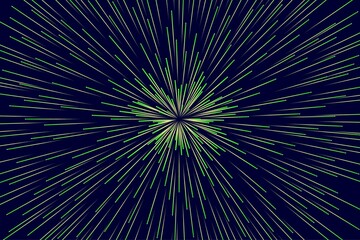 Abstract Green and Yellow Geometric Spatial Pattern. Festive Firework Isolated on Blue Background. Illustration of Explosive Starburs with Rays. Raster. 3D Illustration