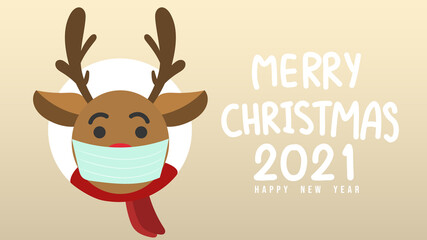 Merry Christmas handwritten in Christmas holiday with reindeer wearing masks   ,for content online or banner for your website and template, Simple cartoon flat style. illustration Vector EPS 10