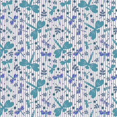 Seamless pattern with ornament, stripe, dragonfly on a dark background. Perfect for fabric, textiles, wallpaper, paper. packaging.