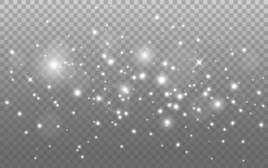 Glowing lights effect. Silver sparkle, stars and bokeh. Magic beautiful glitter. White sparks and flares. Abstract glow composition. Isolated holiday shine. Special silver dust. Vector illustration