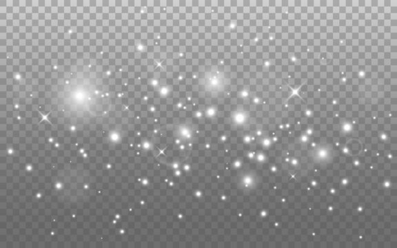 Glowing lights effect. Silver sparkle, stars and bokeh. Magic beautiful glitter. White sparks and flares. Abstract glow composition. Isolated holiday shine. Special silver dust. Vector illustration
