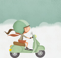 Niña en moto, nena en moto, niña en motocicleta,niña en scooter  moto, motocicleta,mujer en moto, mujer en scooter