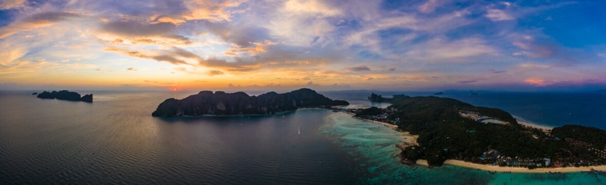 Amazing sunset aerial view of Nui Beach from drone. Ko Phi Phi D