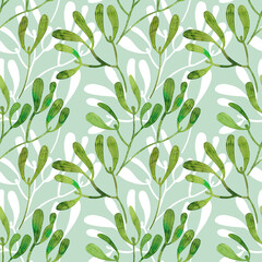 Floral seamless pattern with Mistletoe branches  watercolor. Hand drawn style. Nature background on white.