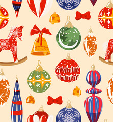 Christmas toys vector seamless pattern with ball, small bell. toy horse, red bow on beige background. For poster, card, banner, wrapping paper, textiles, packaging design. Flat style illustration