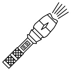 A handheld flashlight in a metal case with a non-slip handle. Powerful flashlight with LED lights for night light. Vector icon, outline, isolated