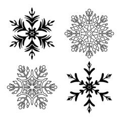 Black snowflake winter set isolated on white background. Snow flake silhouettes. Symbol of snow, holiday, cold weather, frost. Winter design element. Vector illustration