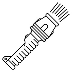 Handheld standalone flashlight with non-slip handle and powerful light. A tool for night search of a tourist, a security guard, a traveler outside. Vector icon, outline, isolated