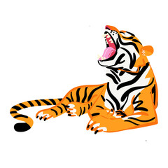 Roar tiger isolated on white background. Flat style vector for cards, poster decoration, t-shirt print, banner. Funny animal character