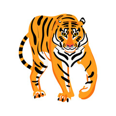 Cute tiger standing pose isolated on white background. Flat style funny vector illustration. Chinese zodiac tiger symbol. Animal character
