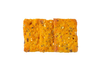 Crackers with herbs and tomatoes. Crispy appetizer on an isolated background.